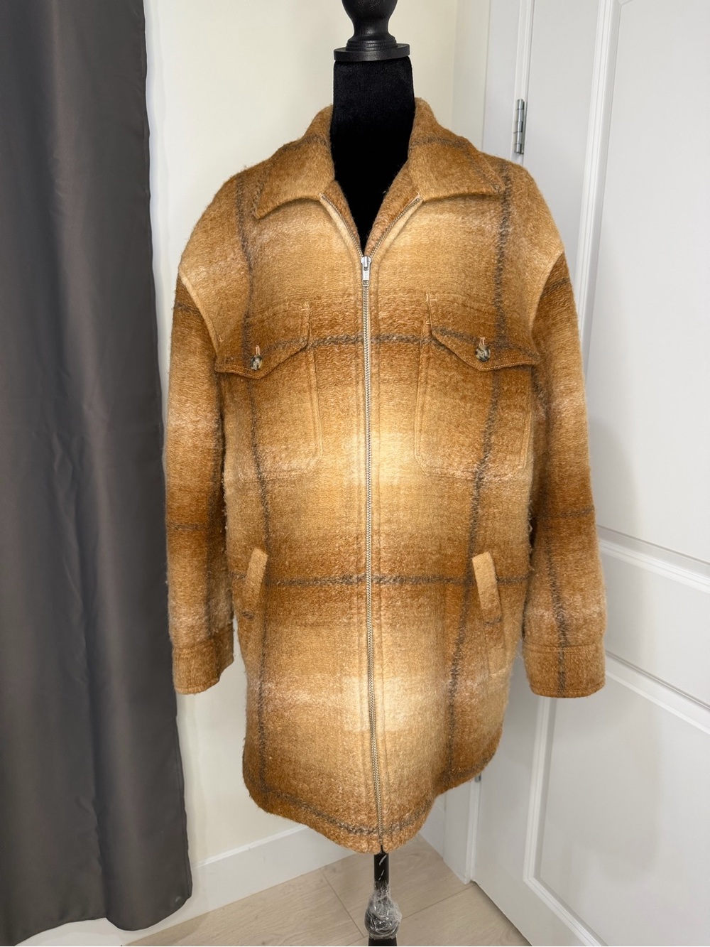 Womens Brown Zip-Front Wool Blend Coat